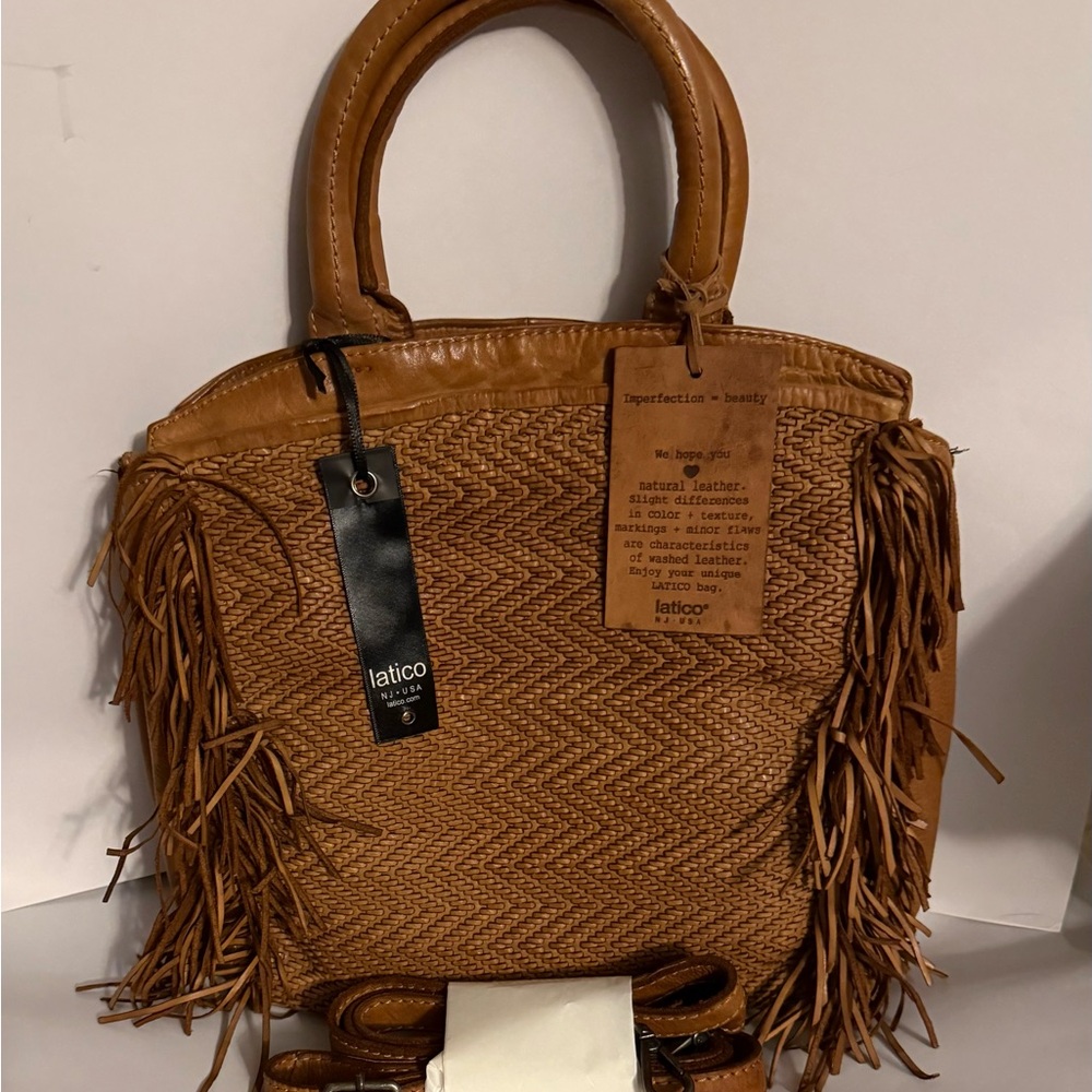 Latico Grit Woven Leather Crossbody Bag with Fringe in Cognac.